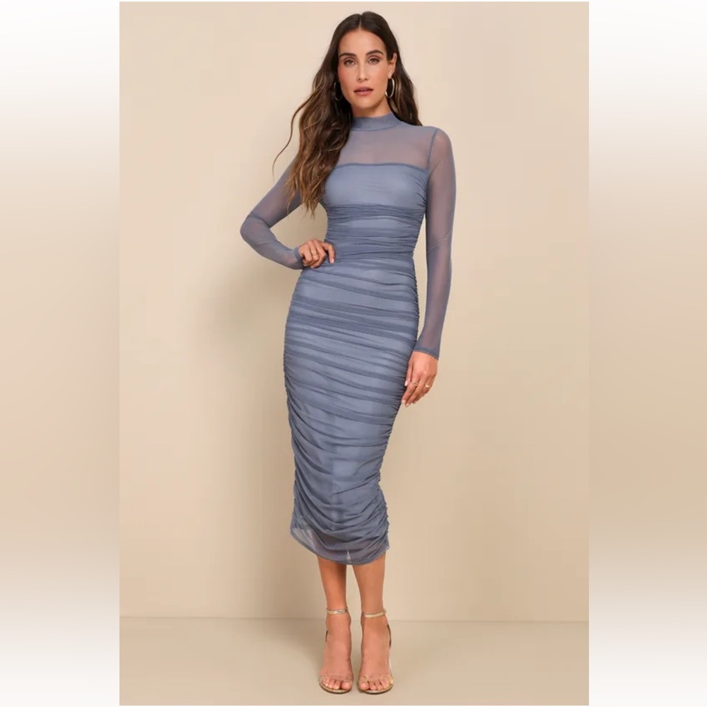 Lulu's Elegant Blue Ruched Mock Neck Dress